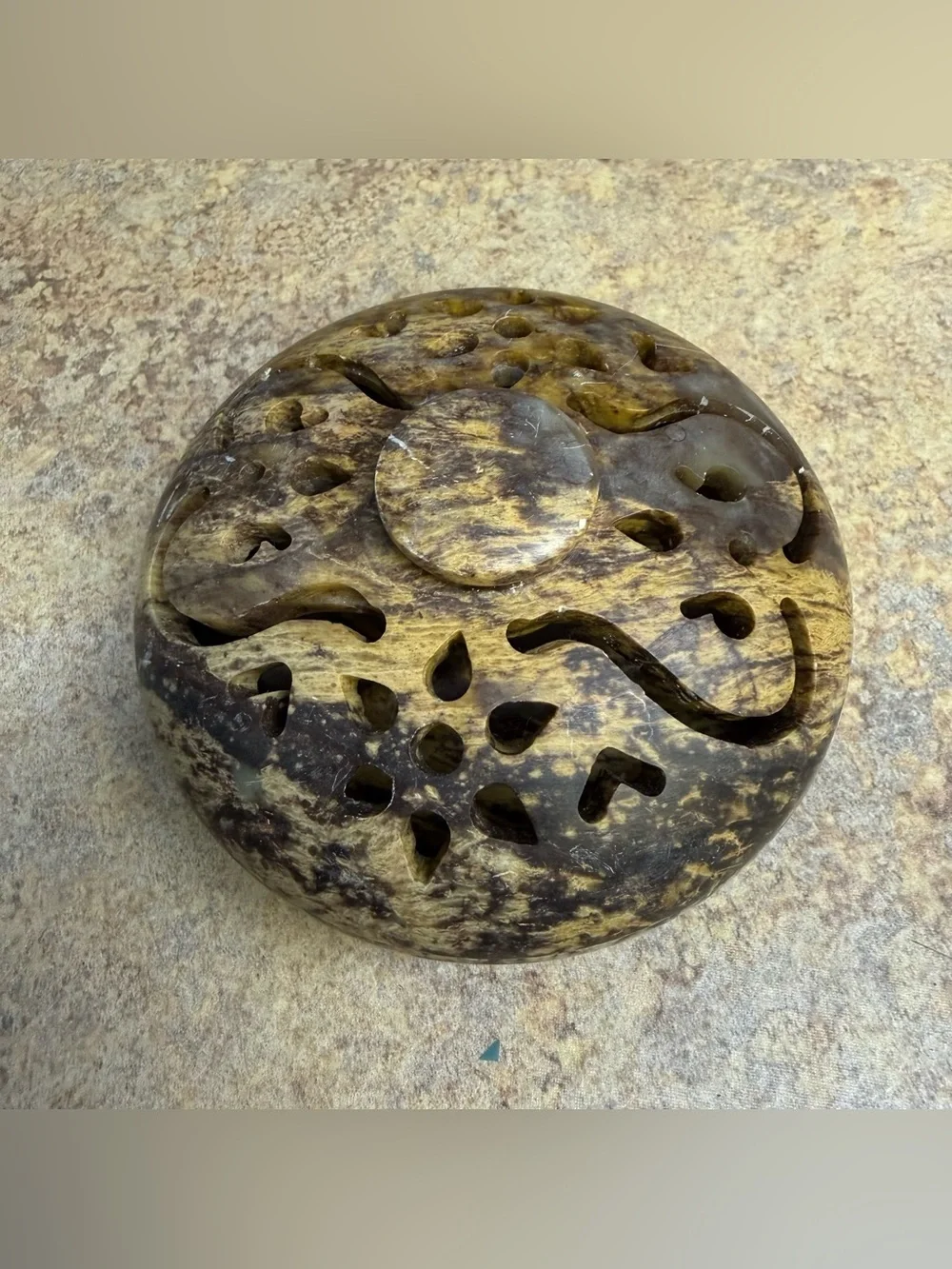 Carved Stone Incense Burner Trinket Dish with Lid Floral Design